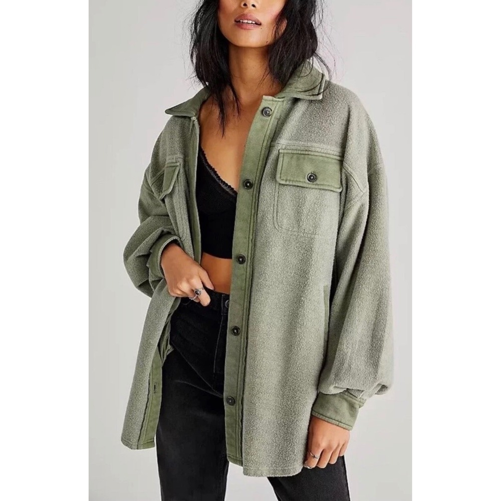 Free People Ruby Jacket Olive Jaded Green Fleece Button Front Shacket Womens M